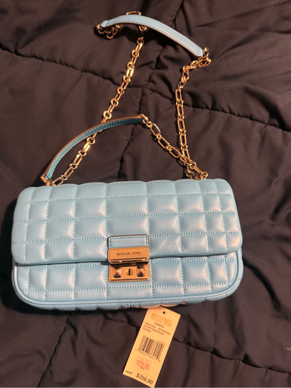Michael Kors Quilted Crossbody Bag in Light Blue with Gold Chain